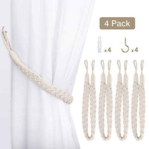 Lewondr 4 PZ Fermatende Raccoglitenda a Filo Intrecciato, Fermatende in Cotone 100% con 4 Ganci da Muro, 2 Ways per Raccogli Tenda Filo 66 cm, Decorazioni per Camera da Letto Casa - Beige