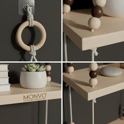 Image of 2Tier Hanging Shelf with Magic Hook, Use Decor Plants, Books, Decorative Gift Items Nursery Livingroom Wooden Beads & Ring Woven Bohemian Chic for Dorm