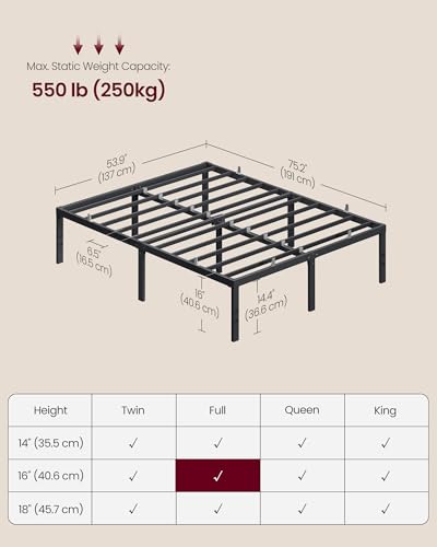 Image of VASAGLE Full Metal Bed Frame 16 Inches Tall, 1100 lb Weight Capacity, No Box Spring Needed, with Under-Bed Storage, Easy Setup, Heavy-Duty Platform Bed, Mattress Retainers, Matte Black URMB662BD02S