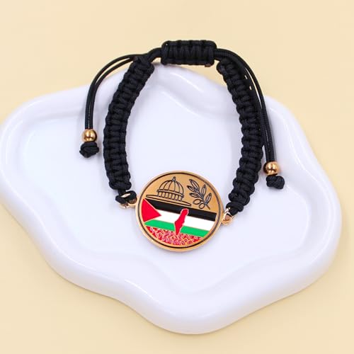 Palestine Flag Mosque Round Charm Bracelet - Adjustable Black Nylon Cord Woven Middle East Solidarity Faith Jewelry YA6014-YA60164