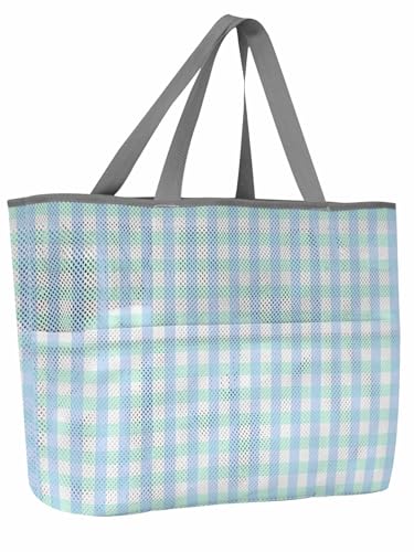 Beach Bags Women Mesh Tote Bag Light Blue Green Checker Plaid Toy Grocery Pool Bag with Pockets for Travel/Picnic/Shower