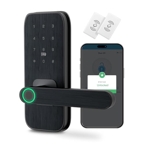 Fingerprint Door Lock with Handle for Bedroom 5-in-1 Keyless Entry Smart Lock TTLock App Keypad RFID Card & Key Auto Lock Guest Codes Easy DIY Install for Front Door Office Airbnb