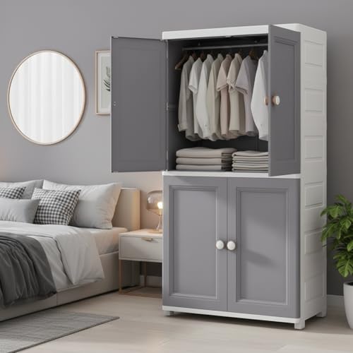 Image of EXVITO Plastic Wardrobe for Cloth with Drawers & Hanging Rod | Baby Cupboard for Clothes Storage | Foldable Collapsible Plastic Almirah for Kids | Cartoon Design Cabinet for Bedroom (Grey, 4 Door)