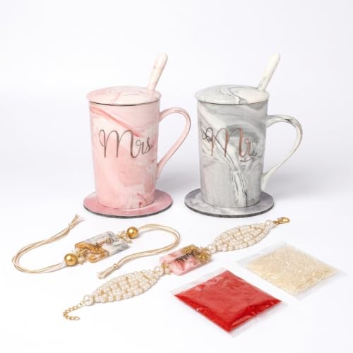 Image of NYRWANA Coffee Mug, Wedding Gift for Couples, Rakhi for Brother and Bhabhi with Gift, Mr & Mrs Set of 2 Coffee Mugs, Lids, Golden Spoon, Bag, Box, Pink Rakhi with Tilak and chawal (380ml-Ceramic)
