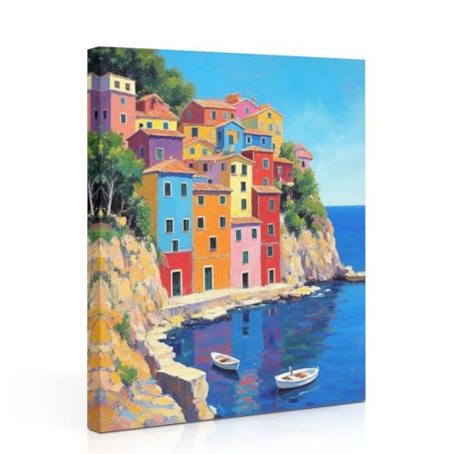 Italian Town Square Wall Art, Colorful Cityscape Canvas Framed Prints