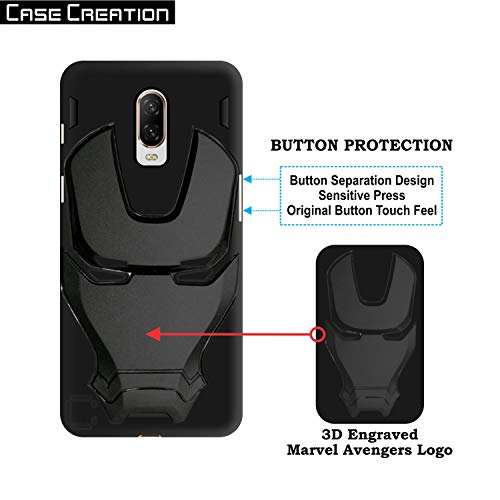 Image of COVERLY Official 3D Smooth Feel Avengers Logo Mask Soft Rugged Grip TPU Silicone Iron Man Engraved Cartoon Movie Engraved Silicone Rubber Matte Strong Back Cover for Oneplus 6T -Black