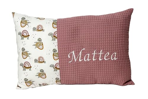 Geburtskissen Taufkissen mit Namen bestickt Waffelpique Altrosa mit Schildkröten Geschenk zur Geburt Taufe 25x40cm