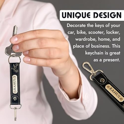 Image of Personalized Leather Keychain with Custom Name and Metal Charm, PU Leather with Hand Stitching, Adjustable Keyholder