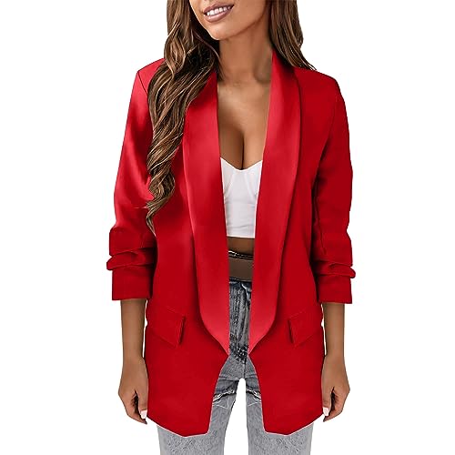 L9WEI Blazer för kvinnor långärmad kavaj företag kontor kavaj enfärgad casual kostym öppen front cardigan höst ytterkläder, röd, 3XL