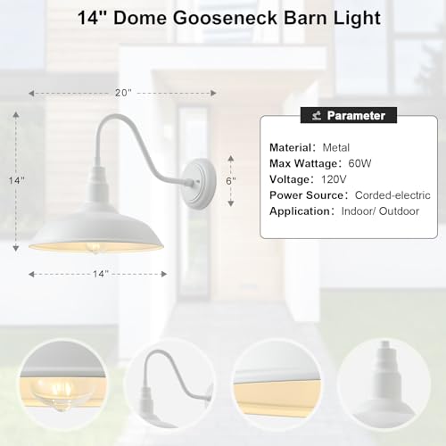 Image of 2 Pack 14in Barn Gooseneck Lights for House, White Outdoor Farmhouse Wall Light Fixture for Porch, Exterior Patio Wall Sconce for Front Door, Garage