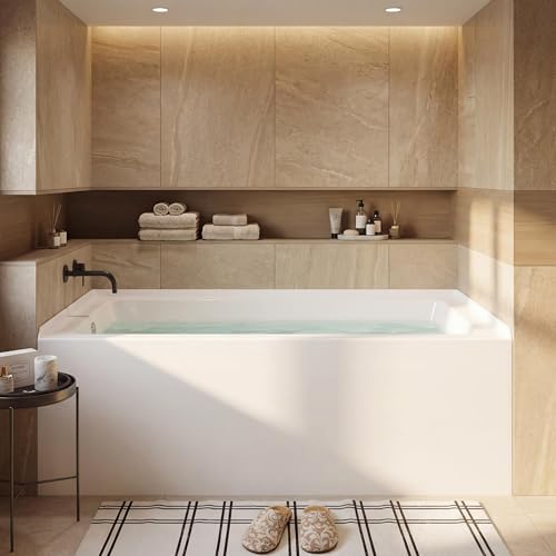 Acrylic Alcove Bathtub 60"x30" Soaking Tub, Glossy White Integral Apron Left Drain, Brushed Nickel Pop-Up Drain Included