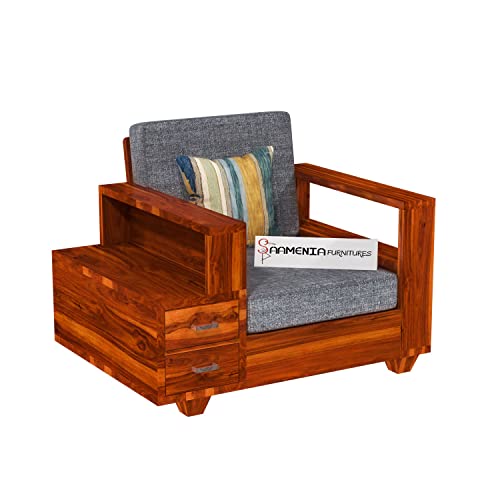 Image of Sheesham Wood 5 Seater Sofa Set with 2 Drawer Storage | 3+1+1 Wooden Sofa Set Furniture for Living Room Home Office (Honey Finish)