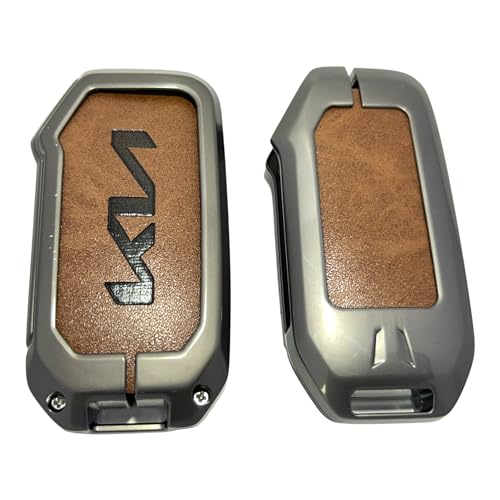 Image of Zinc Metal Alloy Leather Car Key Cover & Case Brown with Keychain & Holder Compatible for KIA Seltos, Sonet, Carens (4 Button Push Smart Key)