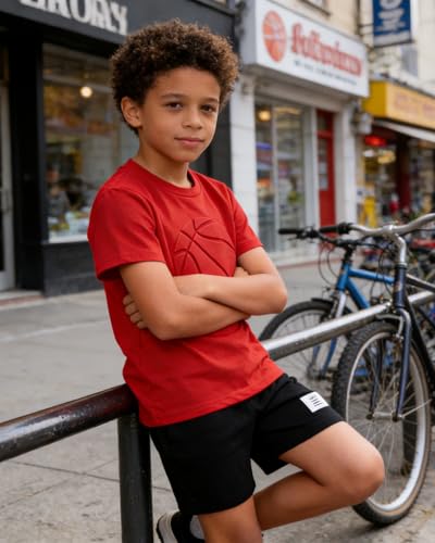 Image of Boys 2 Piece Outfits Short Sleeve Basketball Pattern T-Shirt and Shorts Summer Clothes for Kids 5-12 Years