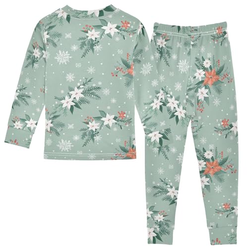 Fustylead Christmas Snowflakes and White Holly Floral Cotton Pajamas 2-Piece Long Sleeve Sleepwear Matching Set2