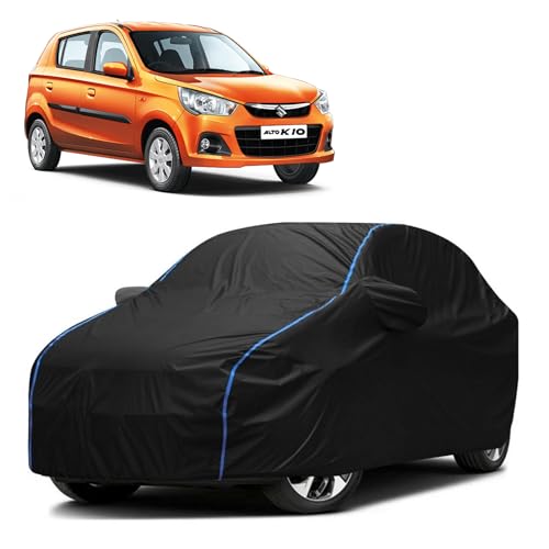 Image of Kerwa Car Body Cover Waterproof Compatible with Maruti Alto K10 | Scratch Proof, Anti-Dust, UV Protection with Windproof Buckle Strap and Mirror Pockets, Bottom Elastic Fitted-Black