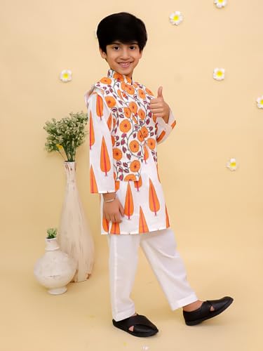 Image of The Mom Store Boys Printed Cotton Kurta Pajama Set With Jacket | Soft And Comfortable Ethnic Wear For Baby /Kids Boys | Full Sleeves Kurta Pyjama Set | Traditional Indian Outfit