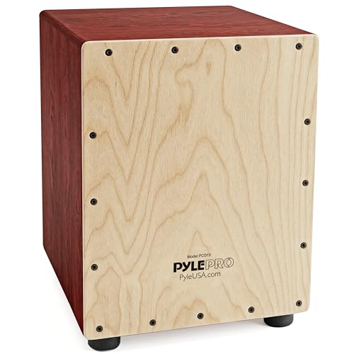 Pyle Stringed Jam Cajon, Handcrafted Birch Wood Percussion Box with Internal Guitar Strings, Compact & Lightweight Acoustic Drum, Anti-Vibration Feet, Brown (PCJD15)