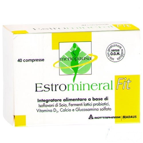 Estromineral Fit Integratore Alimentare Menopausa con Glucosamina Solfato, Isoflavoni di Soia, Calcio e Vitamina D3, senza Glutine e Lattosio, 40 Compresse