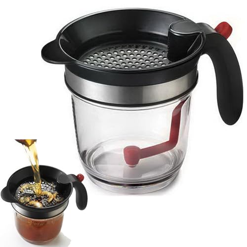 Fettabscheider 1000ml mit Knopfdruck Auslass Doppelfiltrations Fetttrenner Effizienter Fetttrennkanne Suppenölabscheider Transparent Öl Fett Trennkanne für gesündere Soßen Brühen & Suppen