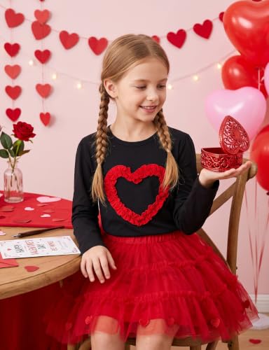 Image of Noomelfish Girls Ruffle Heart T-Shirts Cute Long Sleeve Tee Tops (4-12 Years)