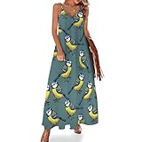 DGTXWIT Women's Summer Maxi Dress Blue Tit Bird Sleeveless Spaghetti Strap Sundress, Casual V-Neck Long Beach Dress M