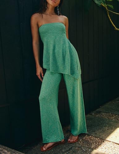 Image of Women Summer Knit Sweater Sets Sexy Tube Top and Loose Pant Lounge Matching Set 2025 2 Piece Outfits