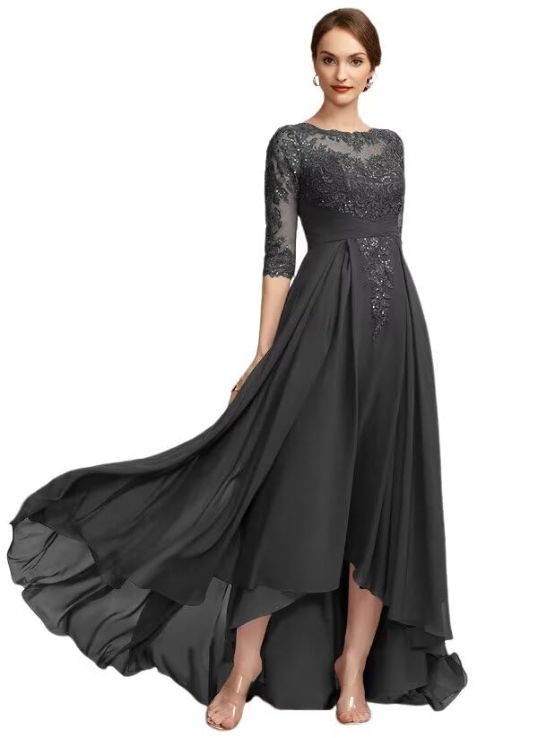 Women's Lace Long Mother of The Bride Dresses with Slit Long Sleeve Chiffon Ruched Evening Formal Dress PU100