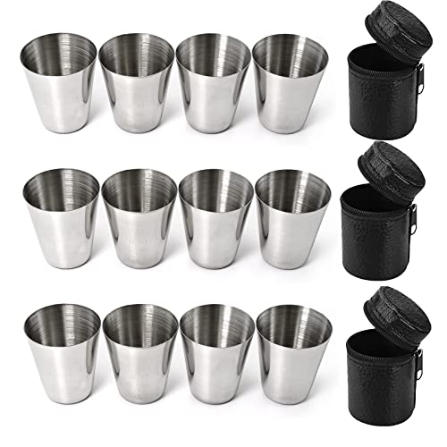 Spldsun 12 unidades Vasos de acero Inoxidable, Vasos de Chupito Apilables con Funda de Piel, Vasos de acero Inoxidable, Vasos de Metal Portátiles, Accesorios de Petaca