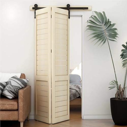 6FT Bi-Folding Barn Door Hardware Kit - I Shape Roller Track System for 2 Doors, Smooth & Quiet Operation, Easy Installation, No Door Included, Perfect for Home Decor