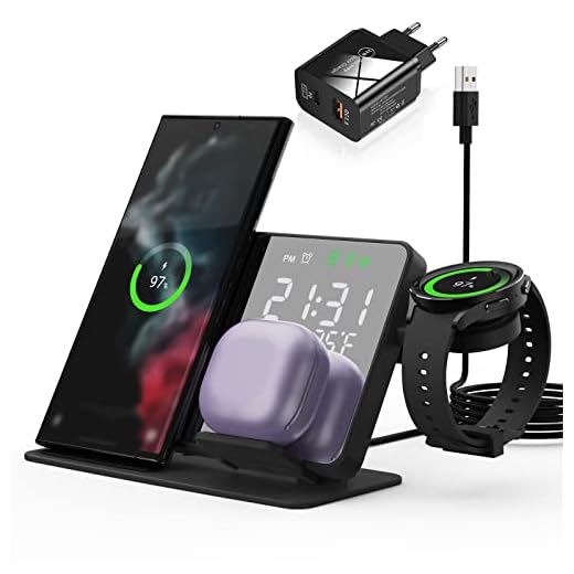 4 em 1 carregador sem fio para Galaxy Watch 5 Pro 4 estação de carregamento sem fio rápida com despertador para Samsung S23/S22/S21 (adaptador incluído) (Preto)