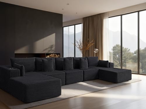 Image of 168 inch Cloud Sectional Couch, Comfort U Shaped Sofa for Living Room, Extra Deep Seats No Assembly, Minimalist Modular Couch, Corduroy (Black, 7 Seats,U-Shape C)