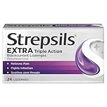Strepsils Extra Triple Action, Sore Throat Lozenges, Blackcurrant, 24 Total, Soothes Sore Throat, Pain Relief, Numbs Pain, Relieves Germs, Fast Acting, Up To 2 Hours Relief, Sore Throat, Medication