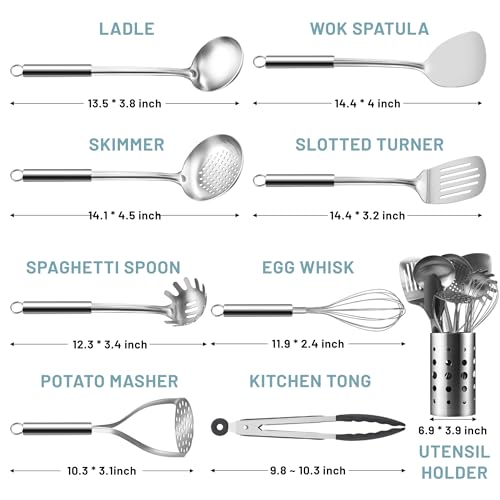 Pleafind Utensilios de cocina acero inoxidable, 9 piezas, con Cucharones de cocina, Espumadera, Espátula, Espátula ranurada, Varillas Cocina, Cuchara para Pasta, Machacador de Patatas, Pinzas Cocina - imagen 2