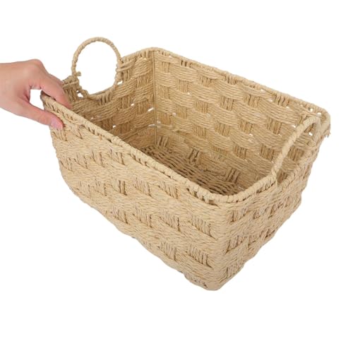 FOYTOKI Storage Basket Boho Style with Iron Frame Paper Fiber Rope Khaki Multi-purpose Organization Bin with Stackable Rounded Design Storage Organizer for Shelves and Toilet Tank - Image 4