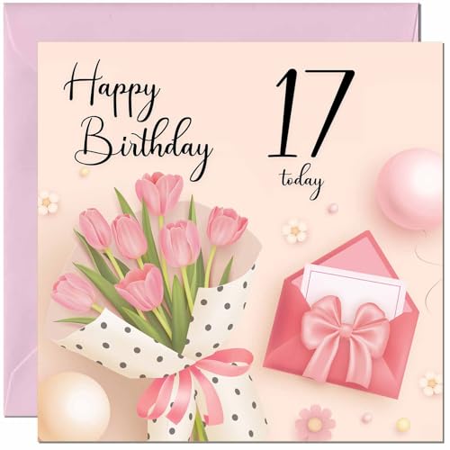 17th Birthday Card for Girls - Ladies Pink floral Birthday Cards for year 17 old Girl seventeen, seventeenth Daughter Friend Woman Niece teens Sister Girls for her