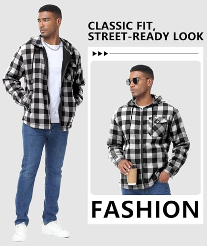 Image of V VALANCH Men's Sherpa Lined Flannel Jacket with Hood - Zip Up Plaid Shirt Jacket Winter Outdoor Warm Outerwear Fleece Coat