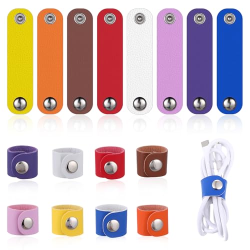 16 Pcs Leather Cord Organizer Straps Colorful Leather Cable Straps Reusable Cord Wraps PU Leather Cord Keeper Multipurpose Cable Ties Earphone Cord Holder Travel Cord Organizer with Snap