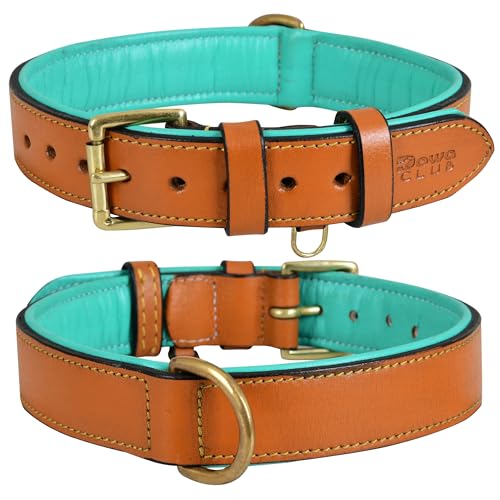 Image of Genuine Leather Dog Collar, Tan, Large, Brass Buckle, Padded | 1.25 Inch Wide, Fit Neck Size - 18.5 inch - 22.5 inch, Double D Ring, Adjustable, Thick Leather, Heavy Duty, Soft Leather padding