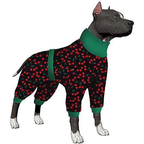 LovinPet Pijama para perro, mono postoperatorio, para perros razas grandes, correa reflectante, pijama de satén transpirable y elástico negro cereza, estampados rojos para perros razas grandes Cover