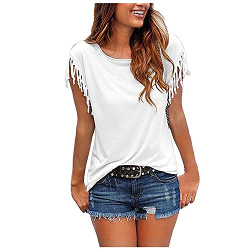 Camisetas para mujer de moda con flecos, blusa suelta de verano, cuello redondo, borlas, manga de color sólido, camisetas de algodón para mujer, blusas de trabajo, blanco, XXXL