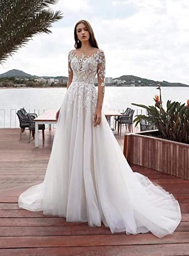 Long Sleeve Wedding Dresses For Bride 2023 Lace Tulle Scoop Neck Lace Tulle Bridal Formal Gowns Dresses For Women Ivory Us8 #TOP2
