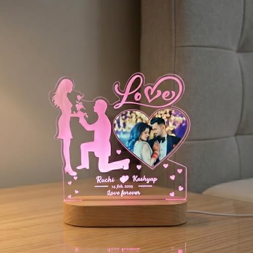 Image of Personalized Couple LED Acrylic Lamp - Custom Photo Frame Night Light, Romantic Proposal Design Gift for Anniversary, Wedding, Valentine's Day