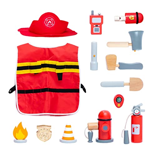 UMU® Juego de Bombero de Madera para niños con Disfraz de Bombero Que Incl. Gorra, extintor de Incendios, Radio, etc., Juego de imitación de Bombero, Juguete de 14 pzas. para niños de 3, 4, 5 años