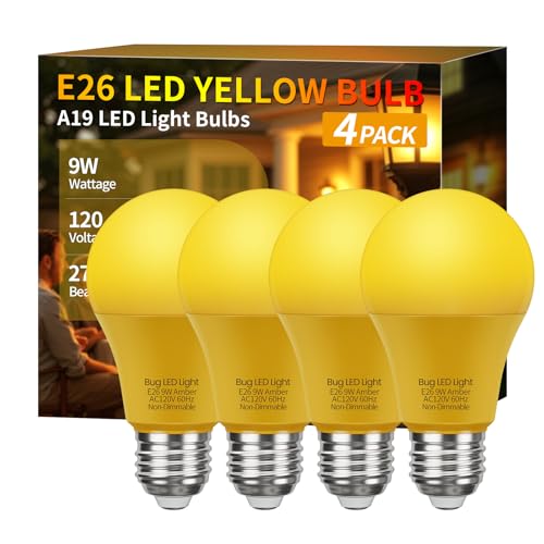 Roche Jaune Bombillas de insectos para exteriores, luces amarillas para exteriores, A19 de 9 W (equivalente a 60 W), bombilla ámbar de 2000 K, base E26, no regulable, perfecta para patio, terraza