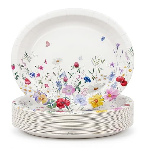 GFInYHM Floral Oval Paper Plates 12.5x10 Inch (25 Count), Heavy Duty Large Disposable Dinner Platters, Vibrant Wildflower Party Decors for Mother's Day, Bridal Shower, Birthday & BBQ