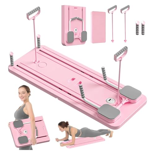 Upgraded Pilates Reformer Machine - 5-in-1 Fitness Board & Pilates Equipment Set with Ab Workout Equipment Multifunctional Push-Up Board Resistance Bands Balance Board & Timer for Full BodyPink