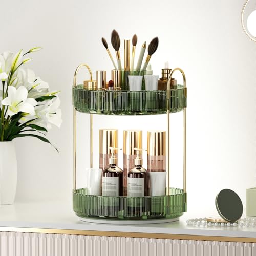 Image of 360 Rotating Makeup Organizer, Upgraded 2 Tier Skincare Perfume Organizers for Women, Bathroom Organizer Countertop, Clear Cosmetic Dresser Organizer with Makeup Brush Holder, Sink&Counter (Green)