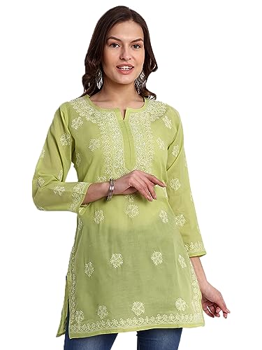 Image of Ada Hand Embroidered Lucknow Chikankari Straight Round Neck Cotton Blend Short Kurti Tunic Top for Women A911333