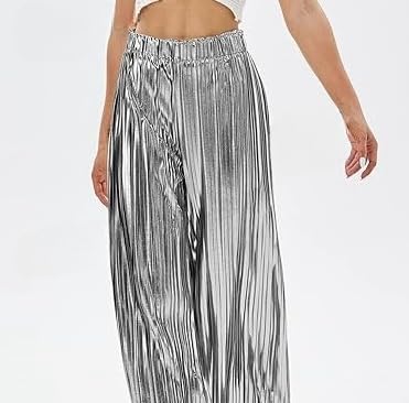 Shiny Women's Pleated Wide Leg Pants High Waist Casual Club Dress4